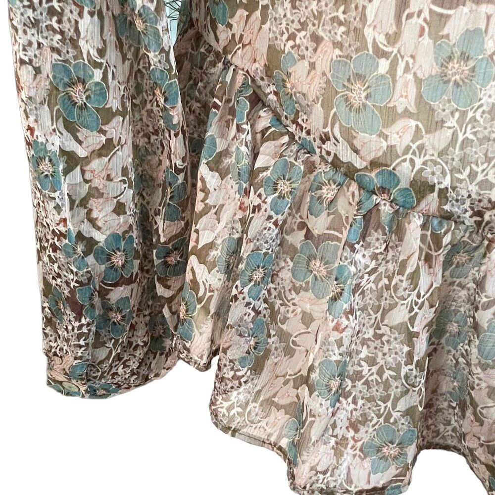 ZARA Denim Sz M Beige Teal Floral Semi-Sheer Peasant Blouse Top Lace Up Ruffle - Picture 8 of 9